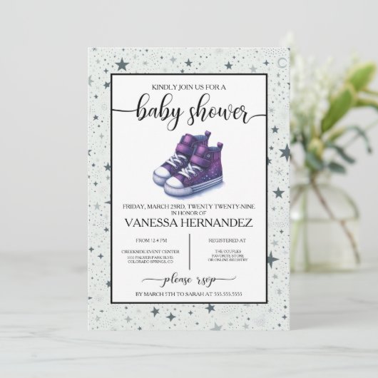 Invitation Baby shower Purple Baby High Tops (Debout devant)