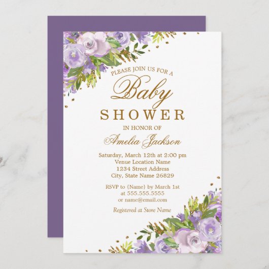 Invitation Baby shower Purple Floral Aquarelle Or (Devant / Derrière)
