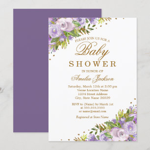 Invitation Baby shower Purple Floral Aquarelle Or
