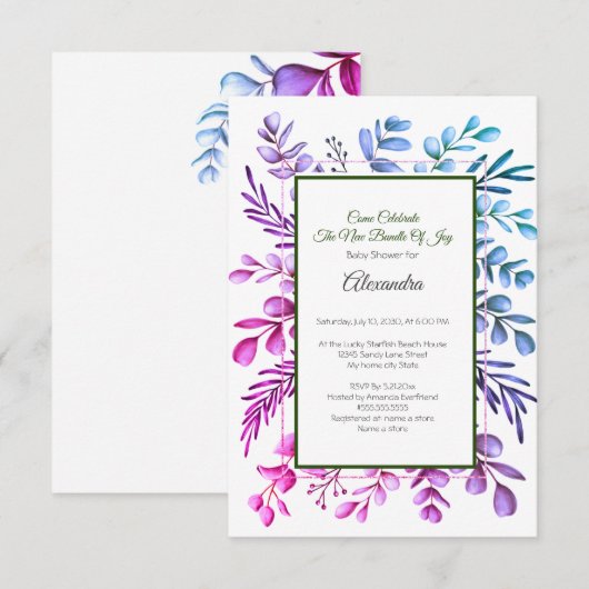 Invitation Baby shower Purple Pink Blue Eucalyptus (Devant / Derrière)