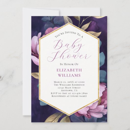 Invitation Baby shower Purple Pink Gold Green Peonies (Devant)