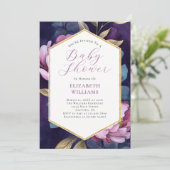 Invitation Baby shower Purple Pink Gold Green Peonies (Debout devant)