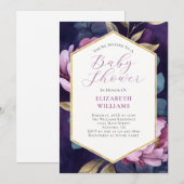 Invitation Baby shower Purple Pink Gold Green Peonies (Devant / Derrière)