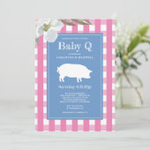 Invitation baby shower Q En vichy et cochon bébé (Debout devant)