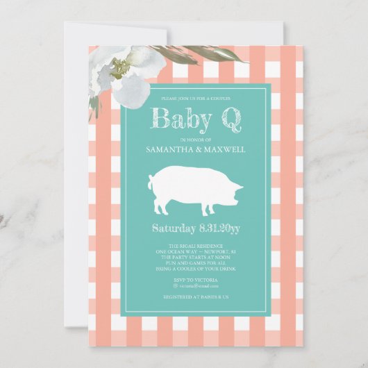 Invitation baby shower Q En vichy et cochon bébé (Devant)
