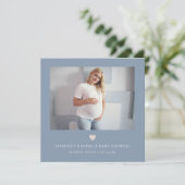 Invitation Baby shower QR CODE photo bleu ciel minimal (Debout devant)