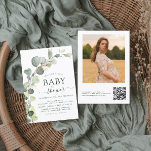 Invitation Baby shower QR Code Photo Verdure Eucalyptus