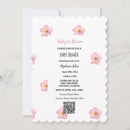 Invitation Baby shower QR Code Pink Floral Baby In Bloom Cute (Devant)