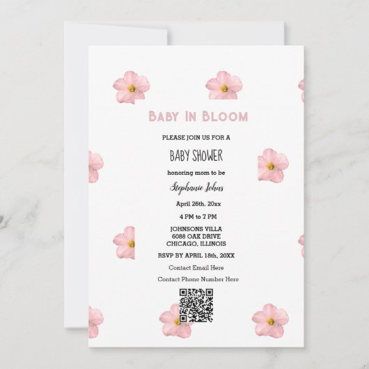 Invitation Baby shower QR Code Rose Floral Cute Baby In Bloom (Devant)