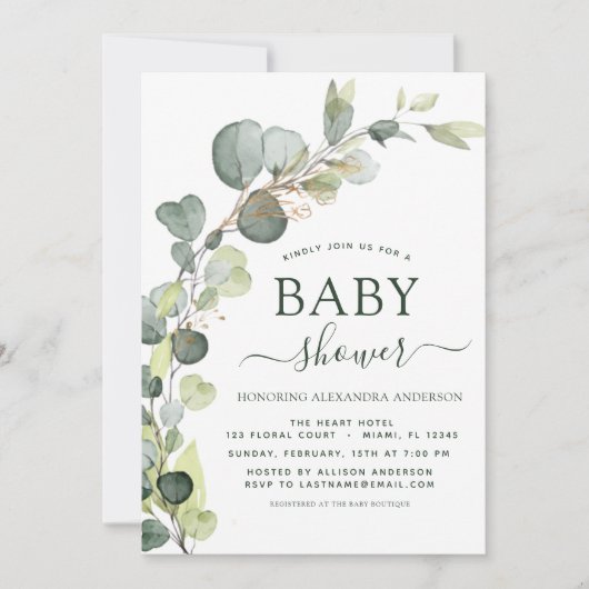Invitation Baby shower QR Code Vert Eucalyptus (Devant)