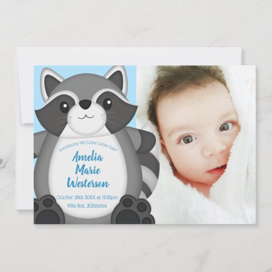 Invitation Baby shower Raccoon bleu (Devant)