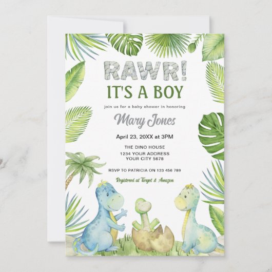 Invitation Baby shower Rawr Dinosaur (Devant)