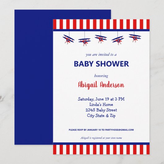 Invitation Baby shower rayé bleu et rouge de l'avion (Devant / Derrière)