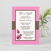 Invitation Baby shower rayé de points de coccinelle rose et (Debout devant)