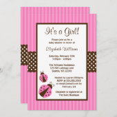 Invitation Baby shower rayé de points de coccinelle rose et (Devant / Derrière)