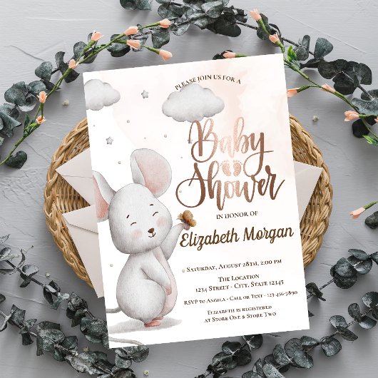 Invitation Baby shower rayé de souris mignonne