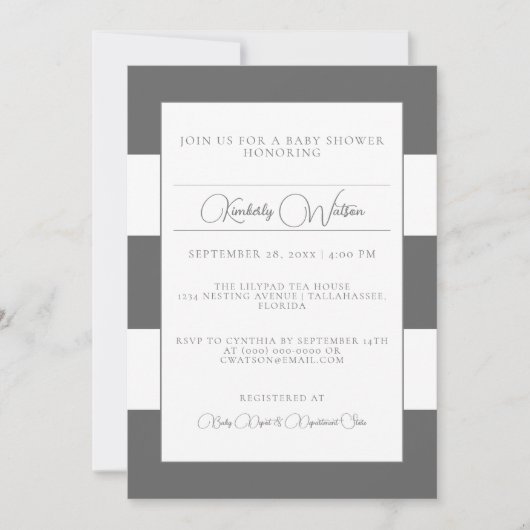 Invitation Baby shower rayé gris (Devant)