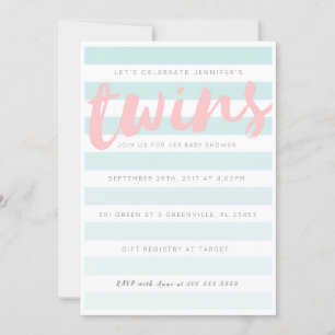 Invitation Baby shower rayé rose bleu Twins