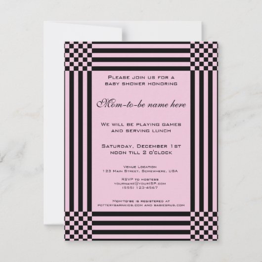 Invitation Baby Shower rayures damier noir et rose (Devant)