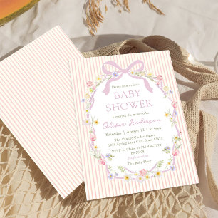Invitation Baby shower rayures florales à ruban rose