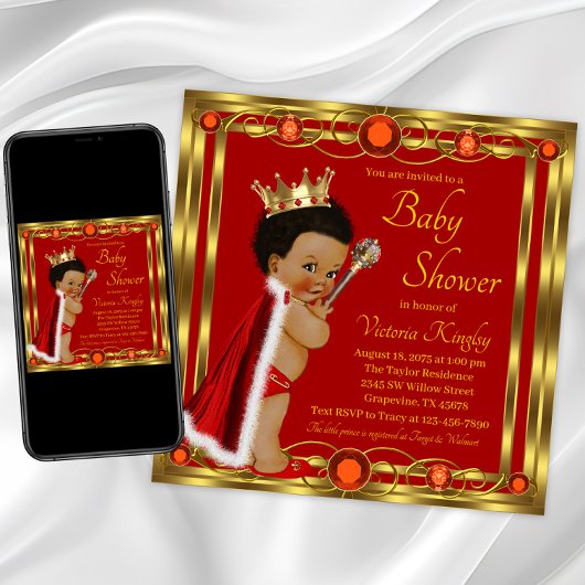 Invitation Baby shower Red Gold Afro Prince