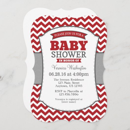 Invitation Baby shower Red Grey Chevron (Devant / Derrière)