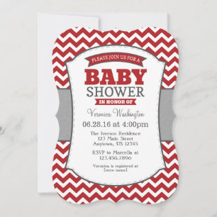 Invitation Baby shower Red Grey Chevron