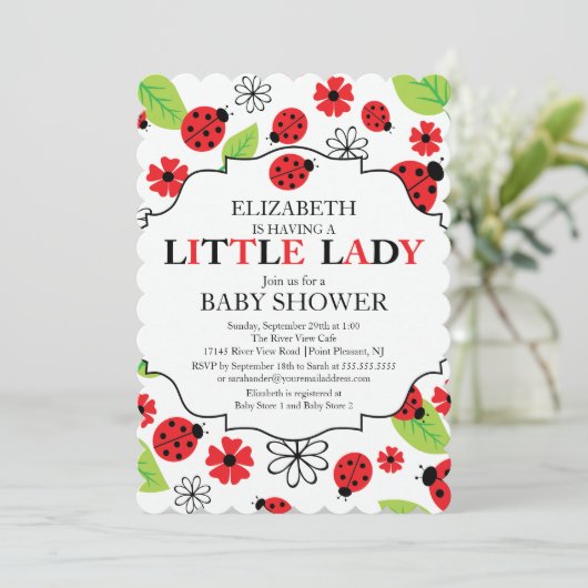 Invitation Baby shower Red Ladybug de la petite dame moderne (Debout devant)