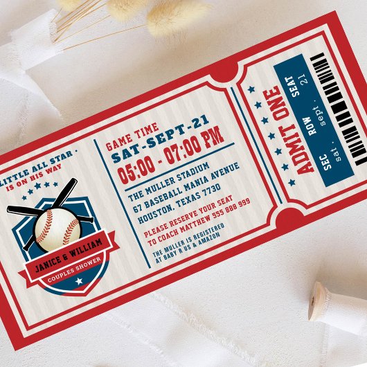 Invitation Baby shower Red Vintage Baseball Ticket Couples