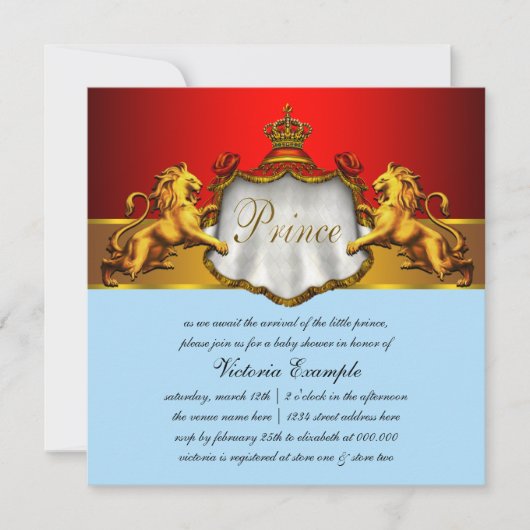 Invitation Baby shower Regal Baby Blue et Red Prince (Devant)