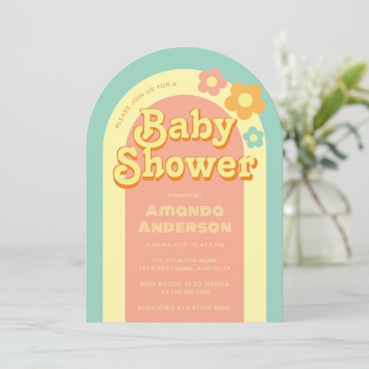 Invitation Baby shower rétro Arc Super Arc arc en ciel les an (Debout devant)