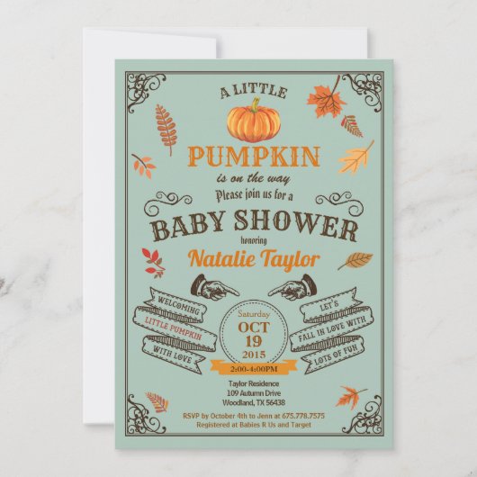 Invitation baby shower rétro citrouille vert (Devant)