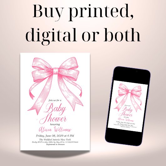 Invitation Baby shower Retro Coquette Rose Bow