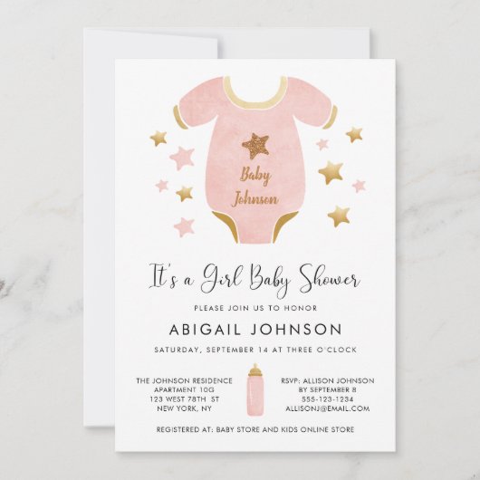 Invitation Baby shower rétro d'aquarelle rose fille (Devant)