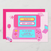 Invitation Baby shower rétro de jeu rose (Devant / Derrière)