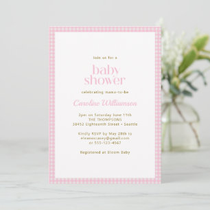 Invitation Baby Shower Rétro Fille à Carreaux Rose Gingham