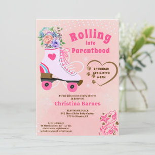 Invitation Baby shower rétro floral sarcelle roller skate boh