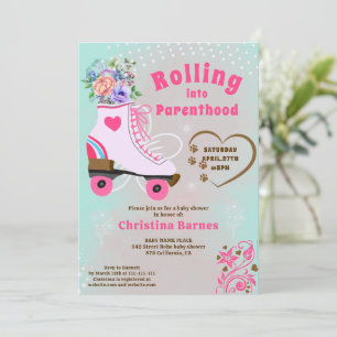 Invitation Baby shower rétro floral sarcelle roller skate boh