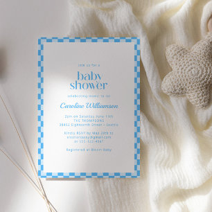 Invitation Baby Shower Rétro Garçon Damier Bleu Blanc