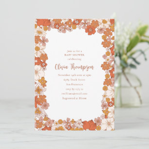 Invitation Baby Shower Rétro Groovy 70 Floral Orange