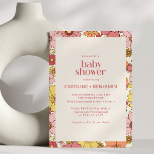 Invitation Baby Shower Rétro Groovy Floral Tout En Un Pour Le