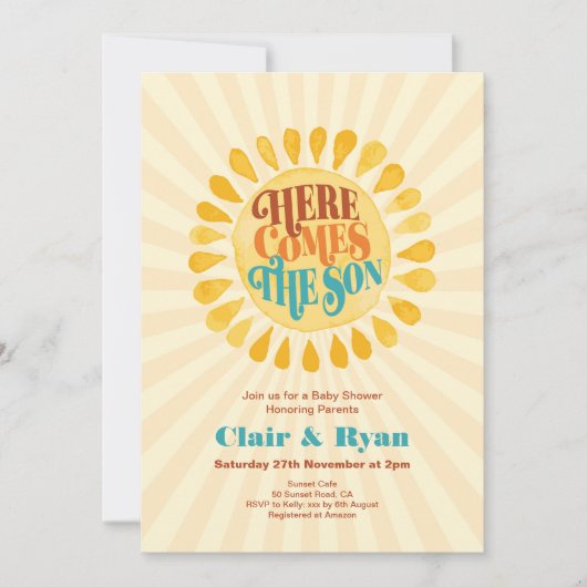 Invitation Baby Shower Rétro pour Garçon, Voici venir le Fils (Devant)