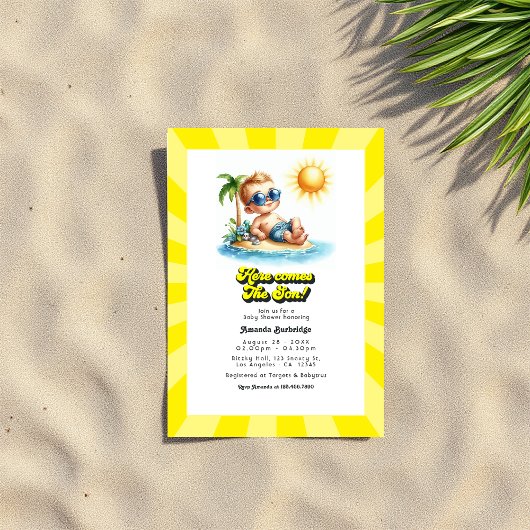 Invitation Baby shower Retro Sunny Beach "Voici le fils"
