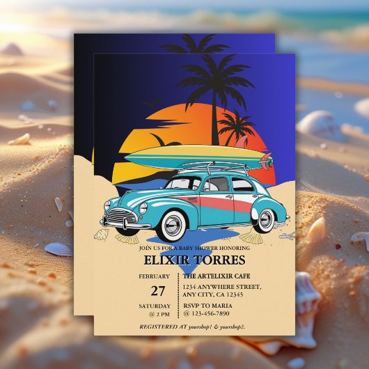 Invitation Baby shower Retro Surfer