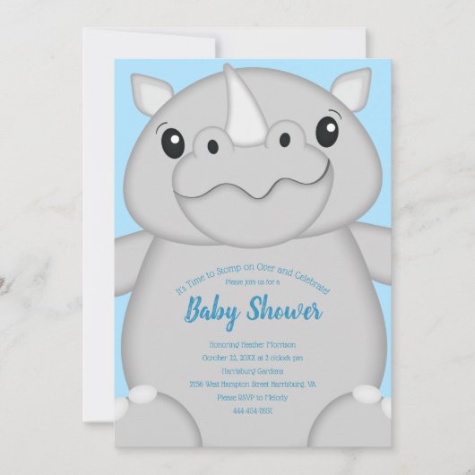 Invitation Baby shower Rhino bleu (Devant)