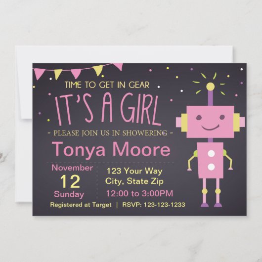 Invitation Baby shower Robot Rose (Devant)