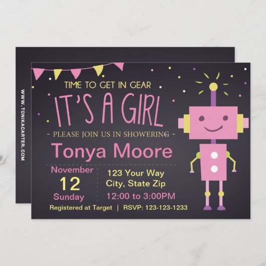 Invitation Baby shower Robot Rose (Devant / Derrière)