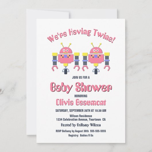 Invitation Baby shower Robot Rose Twin Girls (Devant)