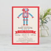 Invitation Baby shower robot Vintage rouge et bleu (Debout devant)