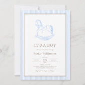 Invitation Baby shower Rocking Horse Blue Toile De Jouy (Devant)